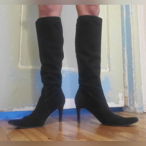 Cole Haan Boots Knee Length Pointed Toe Black Suede - Picture 3 of 10